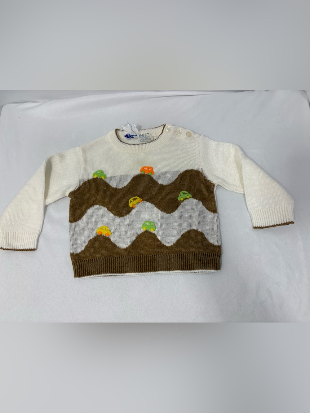 Vintage 1980’s  Little Angel White & Brown Baby Sweater with Colorful Car Motif